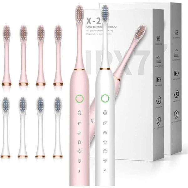 Spazzuccio elettrico da 2 pacchi con teste di 8 spazzole - IPX7 impermeabile, 6 modalità, 42000 VPM con timer intelligenti - Spazzuccio elettrico sonoro per adulti - set di cure dentistiche