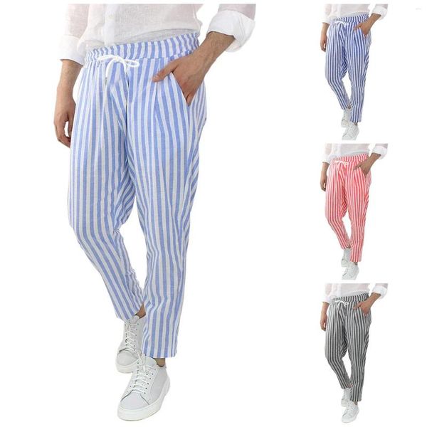 Pantaloni da uomo uomini casual uomini in cotone a strisce e pantalini di matita di lino Spring autunno maschio gamba traspirata più dimensioni