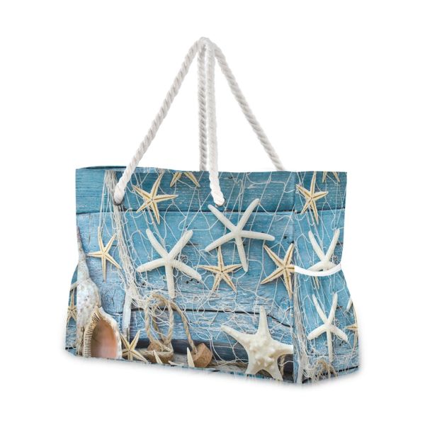 Borsa a tracolla da donna Blu Oceano Conchiglia Spiaggia Stampe di sabbia Borsa per la spesa Borsa in tessuto di lino Bella borsa pratica casual 240320