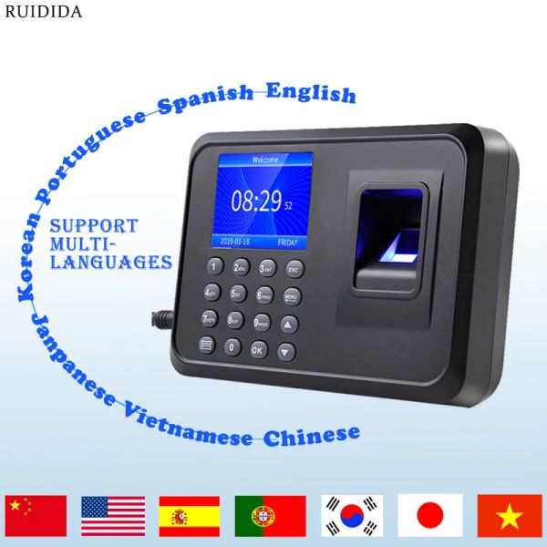 Registrazione della macchina per impronte digitali Dispinto di impronta digitale Machine Intelligente Dispositivo temporale di impronta digitale Multilinguage Schermata LCD da 2,4 pollici