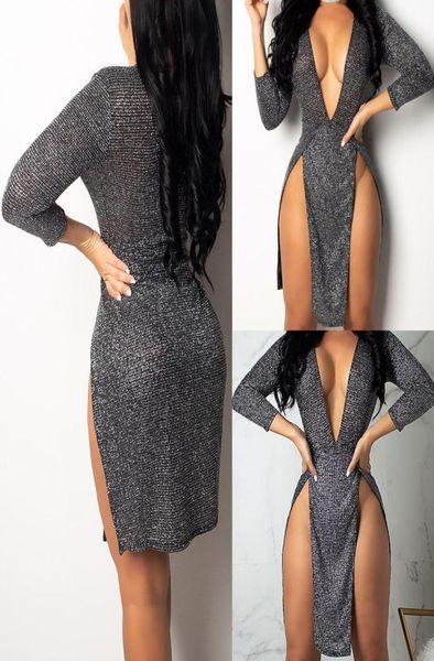 Mulheres alta lado split sexy noite clubwear vestido curto femael manga longa corte baixo decote em v profundo bodycon ajuste fino vestido de festa 4031568