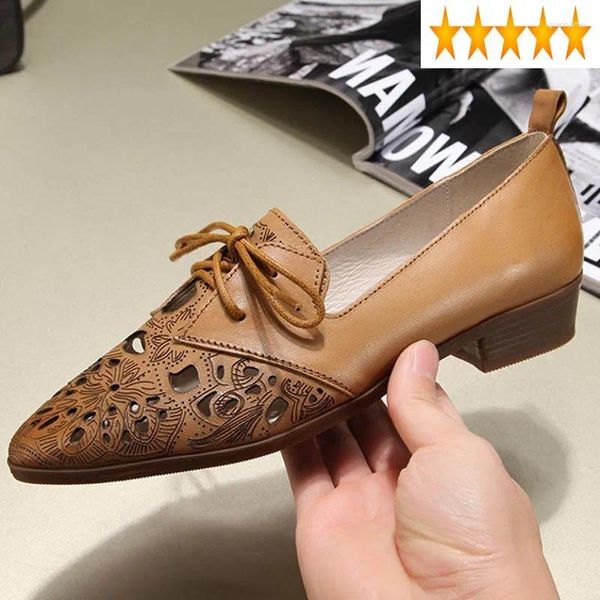 Sıradan Ayakkabı Kanadı Kadınlar 2024 İpucu Brogue Vintage Dantel Yukarı Saçlı Toe Flats Kadın Yaz Boş Dışarı Out Orijinal Deri