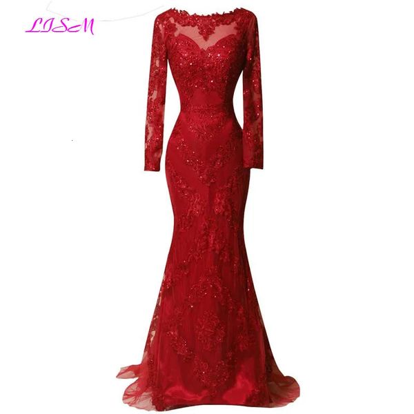 Real Pos Red Red com mangas de noite Full Dress Apliques Lace Apliques Mermaid Prom Vestidos