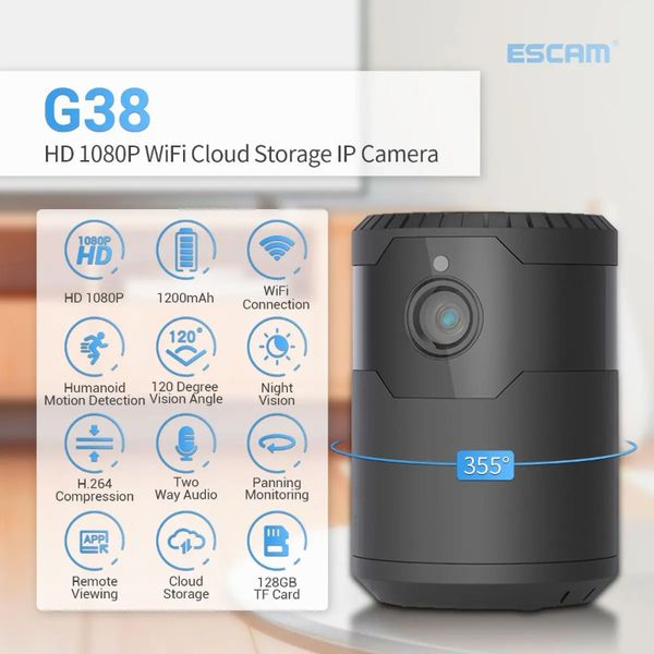 Escam G38 WiFi IP Camera HD 1080p Wireless Indoor Camera NightVision bidirecional Detecção de movimento de áudio Baby Monitor V380 Pro