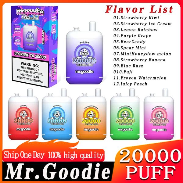 Original Mr.Goodie 20000 Puffs Disponível Caneta Vape 650mAh tipo C Tanque duplo Bobina de malha dupla Puff 20k dispositivo preenchido 12 sabores e cigarro de cigarro Puffbar