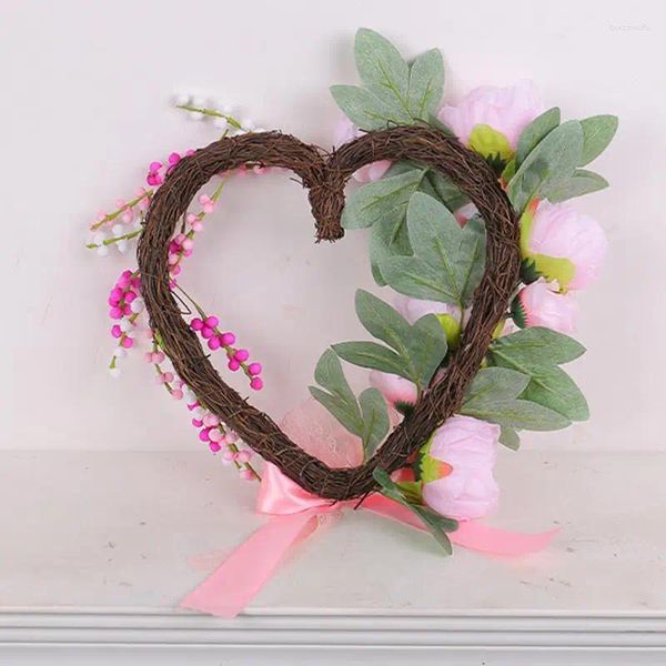 Flores decorativas Dia dos namorados Day Love Wreath Heart Heart Artificial Garland Welcome Door Sign Spring Festival Decorações
