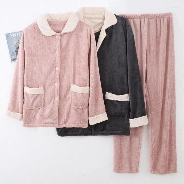 Abbigliamento per la casa Pigiama a maniche lunghe per donna Autunno inverno flanella ispessita cardigan caldo Set pigiama da notte femminile completo da uomo