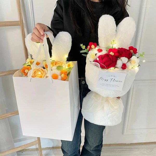 Flores decorativas Orelhas buquê de flores de malha com bolsa de presente embrulhada conjunto artificial para o aniversário do aniversário do dia dos namorados Dia