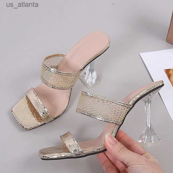 Kleidungsschuhe Größe 45 46 Elegante Quadratzehen transparente Spike -Heels Pumpen mes Sommer Frauen Gold Sandalen Fashion Mules Party Schuh H240403