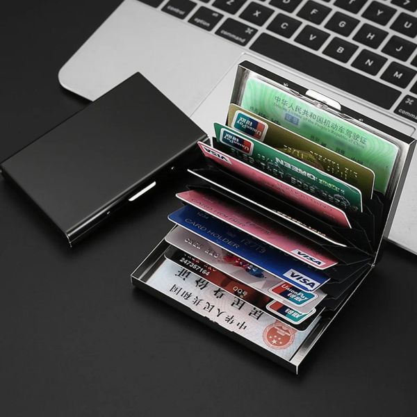Portador de cartão de crédito anti-roubo Homens de alumínio carteiras de metal bolso de bolso fino casteira pequena caixa de carta azul padrão caixa de crédito bancário