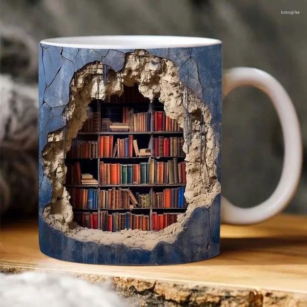 Massen 350ml 3D Effect Bücherregal Becher Kreatives Weltraum Design Keramik Bibliothek Buchliebhaber Kaffeetasse Weihnachtsgeschenke 2024