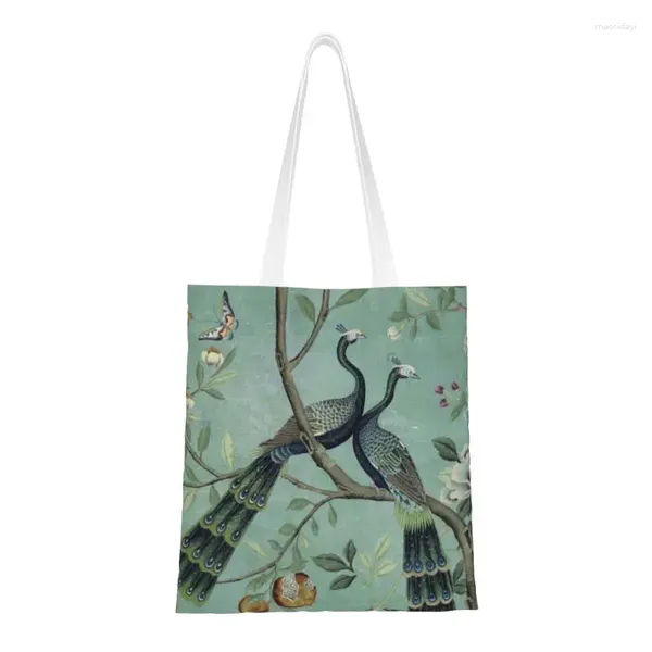 Einkaufstaschen Eine blaugrüne Vögel Chinoiserie Lebensmittel Tasche Frauen Mode Canvas Shopper Schulter großer Kapazität Handtasche