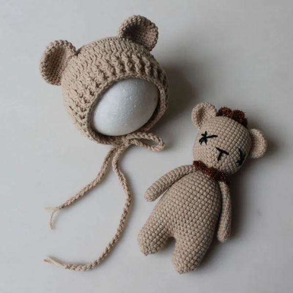 Accessori per cappello da orso grigio cofano di cervo di coniglio e set di bambole orecchie di animali a mano neonati a mano a maglia oggetti di fotografia neonati