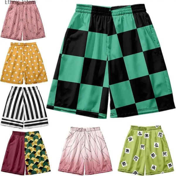 Anime da uomo Kamado Tanjirou Beach Short Pants 3D Stampato Green Check Pattern harajuku pantaloncini da jogging a secco rapido 240320