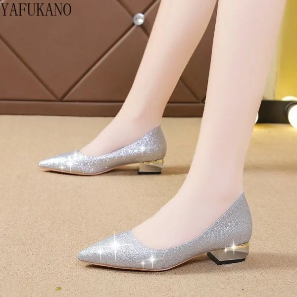 Pumps LowHeeled Single Shoes 2023 Neue spitze Zehenfürstere High Heels Gold Silber Shiny Pailletten Brautjungfer Hochzeitsschuhe Lady Pumps