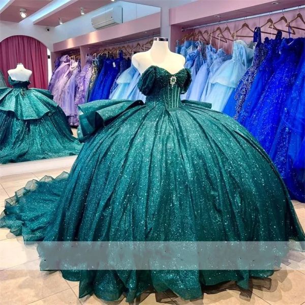 Abiti Quinceanera verde glitter glitter 2024 Abito da ballo Sweet 16 vestito Crystal Rhinestone perline Corset Party Gowns Vestitido BC18520