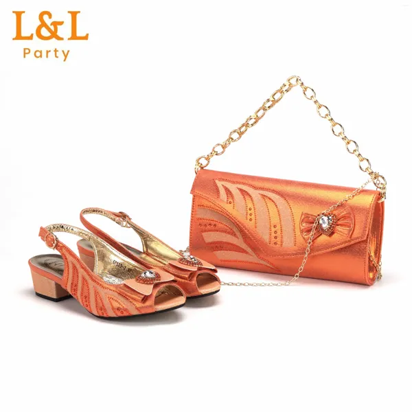 Vestido sapatos 2024 est estilo estilo laranja cor elegante salto baixo Nigéria Design Africano Ladies and Bag Set