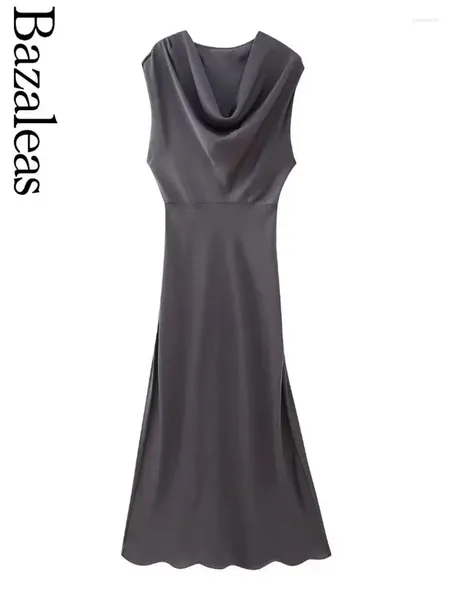 Lässige Kleider 2024 Bazaleas Store Elegantes Satin Long Kleid offizielle graue ärmellose Midi Abendparty Slim