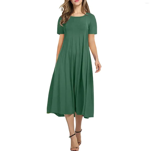 Lässige Kleider Frühlings Sommerkleid Frauen runder Nacken kurzärmeligem farbenfrost kaffee grün lous midi