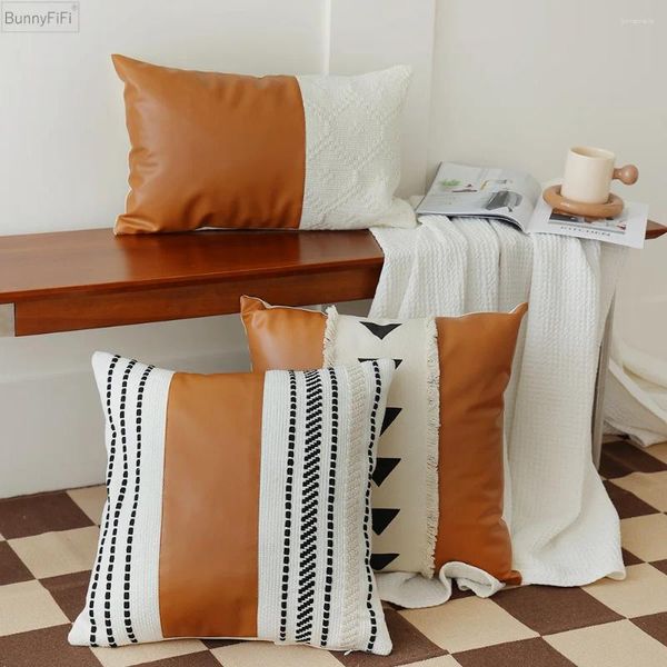 Travesseiro capa de decoração de retalhos de retalhos de couro PU algodão gematric 45x45cm para sofá -cama quarto quarto