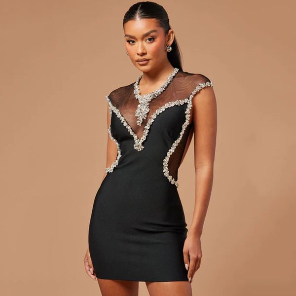 Sexy Rhinestone Women Lady Mini BodyCon Bandage Dresses Garze Vedi attraverso abiti da festa Club di festa Club abbigliamento HL5321