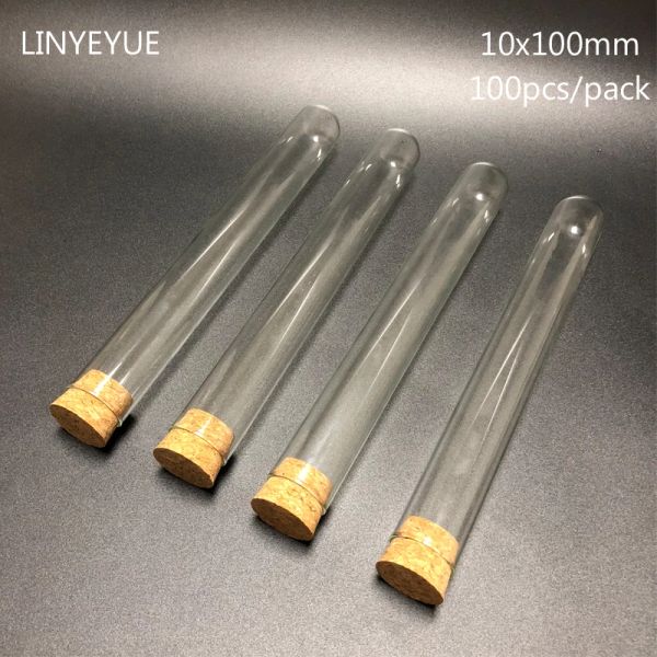 Fornece 100 peças/pacote de 10x100mm de laboratório redondo de vidro de vidro Tubo de teste com rolhas de cortiça copos de laboratório