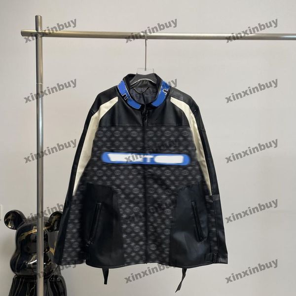 xinxinbuy maschi designer giacca con pannelli in pelle di lettere da stampa manica lunga donna bianca kaki khaki blu kaki blu m-xl