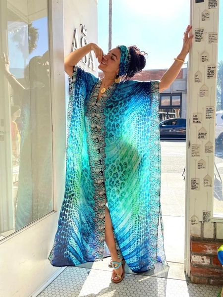 Vestido de Kaftan de praia de estampa azul marinho para mulher vestidos longos de verão v biquíni de pescoço