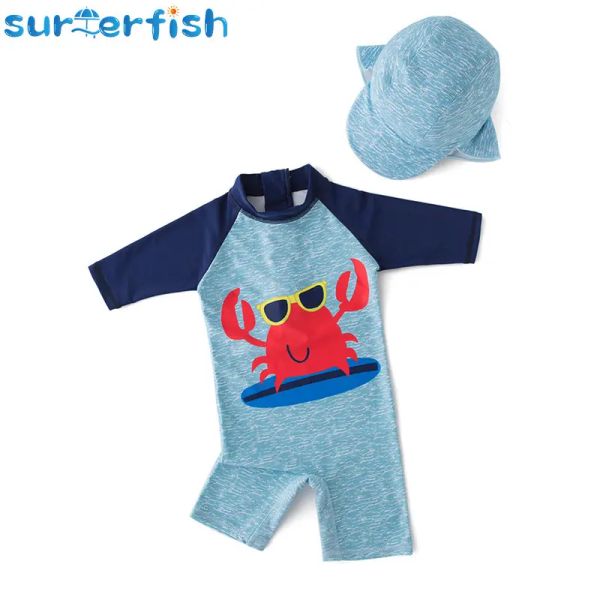 Moda de banho bebê menino roupas de banho+chapéu 2pcs Conjunto de surf use caranguejo vermelho terno de natação infantil infantil crianças crianças protetora solar traje de banho de praia