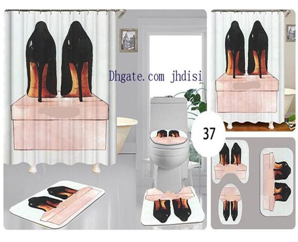 Scarpe con i tacchi alti da donna Stampa Tenda Vintage Sexy Girl Doccia Decorare Disegni di tende Tappetino antiscivolo per pavimento 4 pezzi Set1159605