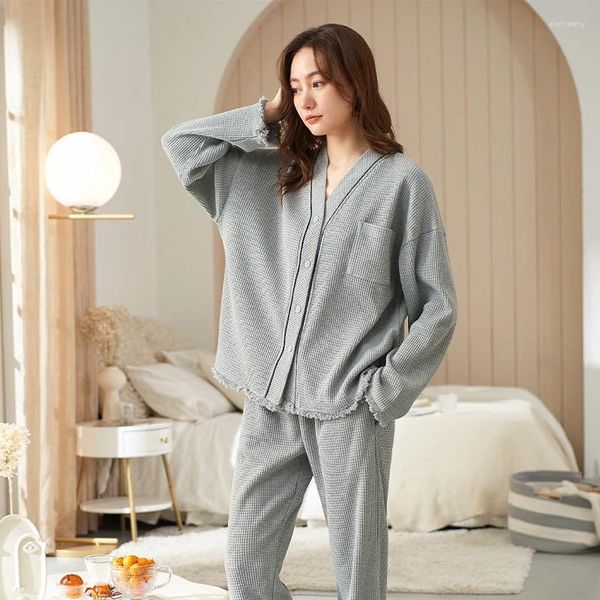 VENDA DO SLUGA feminina Mulheres em casa usam waffle algodão calça de mangas longas de pijama conjuntos suaves confortáveis