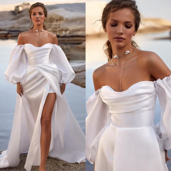 Milla Nova Eine Linie Hochzeitskleid trägerloser Satinärmel Country Brautkleider Rückenlose Falten Vestidos de Novia Oberschenkel -Slit -Designer Boho Brautkleider