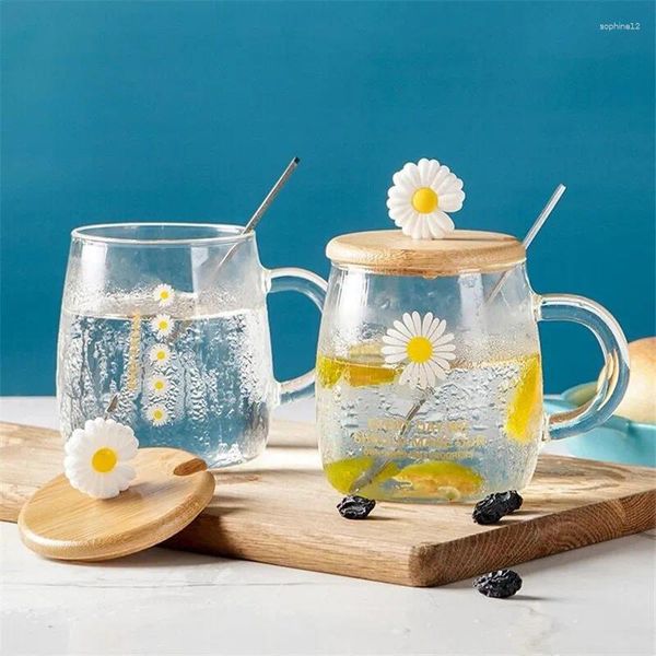 Weingläser, Gänseblümchen-Glasbecher mit Tassendeckel und Löffel, niedliche Chrysanthemenbecher im pastoralen Stil, Blumentee, kaltes Getränk, Saft, Milch