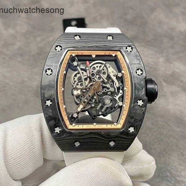 Orologi di lusso svizzeri maschile orologi di movimento automatico 055 Mulino meccanico completamente automatico R Watch Carbon Fibra Case di elastico bianco Orologio maschio Designe