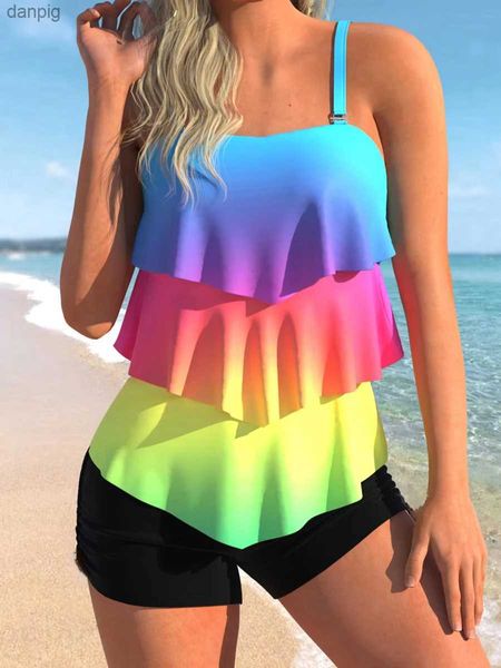 Frauen Badebekleidung Blumendruck gedruckter Badebekleidung Set 2-teilige Badeanzug Shorts 2023Women Tankini weiblicher Regenbogen-Badeanzug Strandkleidung Schwimm Sommer Y240402