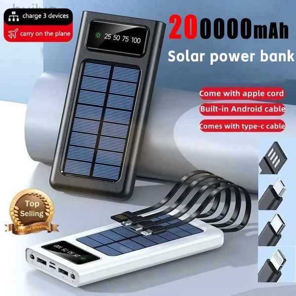 Силовая банка мобильного телефона Солнечный банк мощности 200000mah встроенные кабели Солнечное зарядное устройство с двусторонней зарядкой Внешнее батарея мощности со светодиодным светом для iPhone 2443