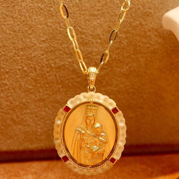 18K Amarelo Real Gold Au750 Ruby Diamond Jóias Mulheres Virgem Maria Retrato Coin Ot Coloque