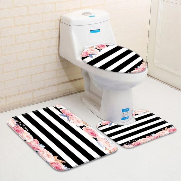 Tappeti da bagno set di tappeti da bagno a 3 strisce a strisce bianche bianche rosa floreale a bassa pila a bassa tappeto di memory foam coperchio a forma di aerodini a U.