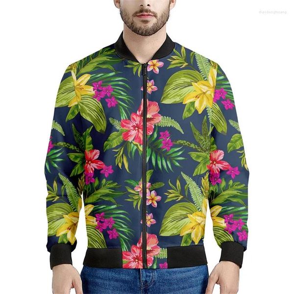 Jackets masculinos Moda Moda 3D Impresso Hapanha de Flor Zipper Men Plantas Tropic Padrão Sweatshirts Tops Mangas Longas Bomber de grandes dimensões