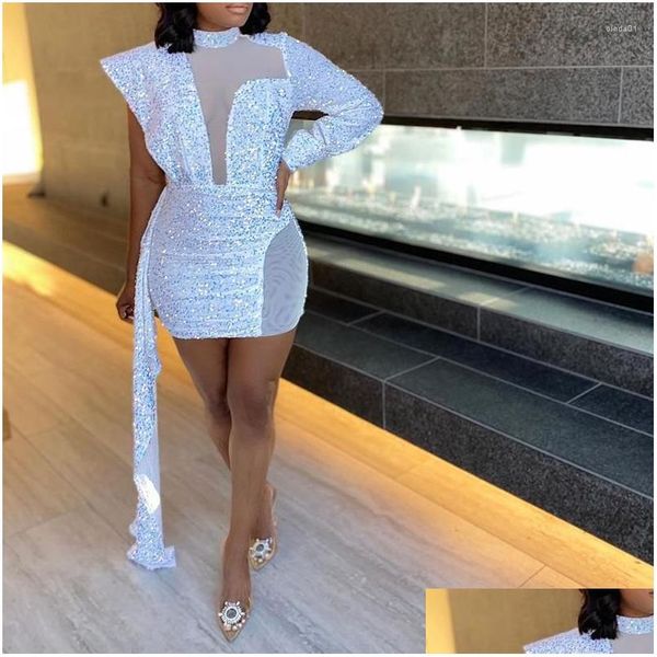 Основные повседневные платья Женщины Sequin Mini White Dress Party See While High hear y с длинным рукавом хвост Короткий вечер Элегантный Dro dh26g