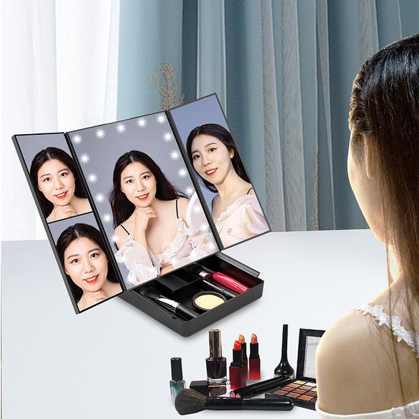 2022 новый продукт с лампой, складное тройное зеркало с ящиком для хранения, настольное светодиодное зеркало для макияжа, 2x3x Beauty Mirror