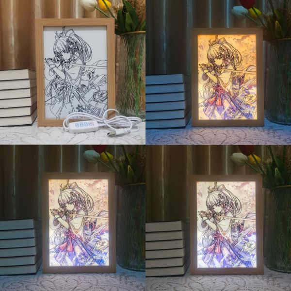 Novo 3D LED Photo Frame Frame Anime Lamp Wanderer Genshin Impacto Arte Pintura Design Night Light Ataque Titan Decoração Decoração Infantil