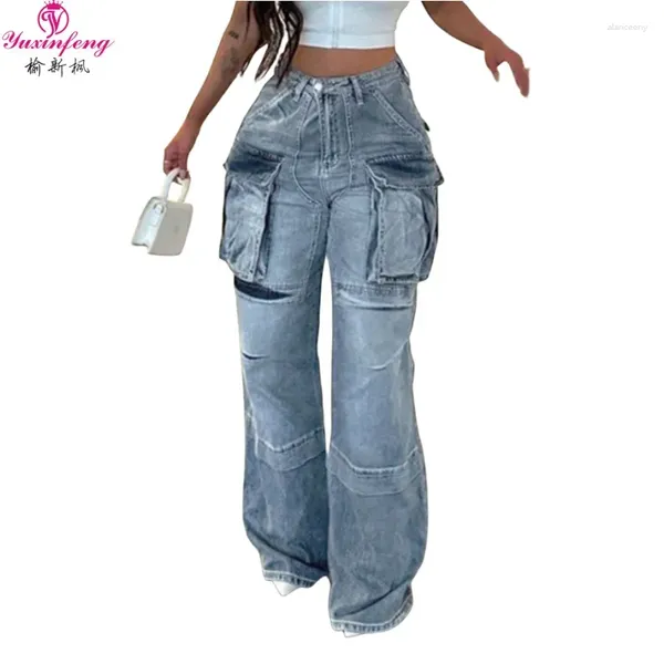 Jeans feminino yuxinfeng calça de carga personalizada Big Pocket Design Casual Mulher High Wisised Straight Troushers outono