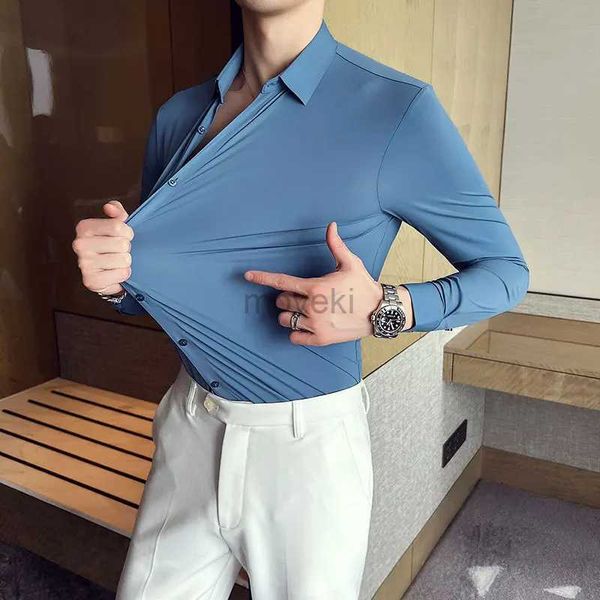Мужские футболки с высоким растяжением процесс следов с помощью интеллектуальная рубашка анти-морщины специальные дизайнерские рубашки с длинным рукавом.