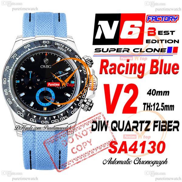 DIW Racing Blue Quartz Carbon SA4130 Cronógrafo automático Mens Assista N6F V2 Dial preto Nylon Strap Super Edition MEMA CARTÃO SERIAL PureTime Relloj Hombre Ptrx