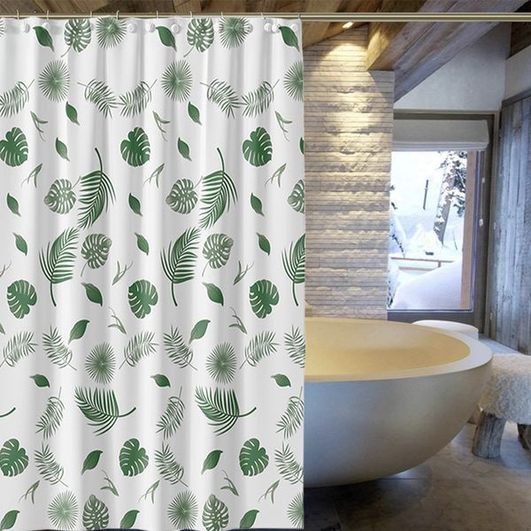 Cortina de cortina de chuveiro impermeável Peva Cortinas de chuveiro de banho verde Folhas de design Cortina de banho com ganchos inteira venda nova moda