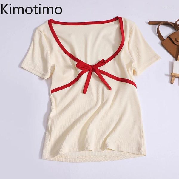 Camisetas femininas Kimotimo Menina picante Contraste a cor do arco de arco para cima V Camisetas de pescoço Mulheres Sexy Manga curta Sexia Slim Top Top Summer Design Y2K