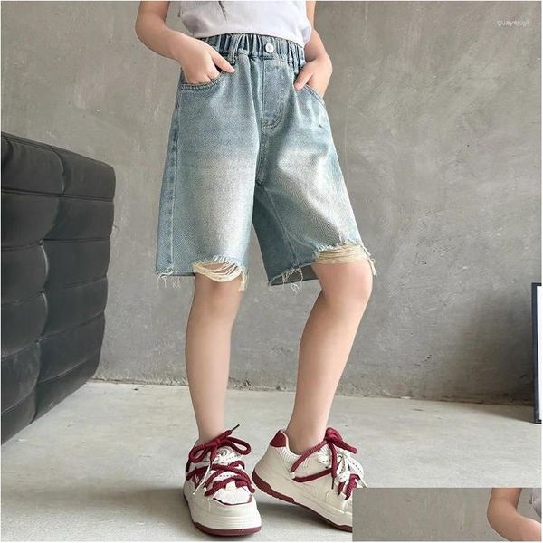 Şortlu genç kızlar yaz moda elastik bel pamuk okulu denim diz uzunlukta pantolonlar 4 6 8 10 11 12 13 14 yıl damla teslimat B otp8n