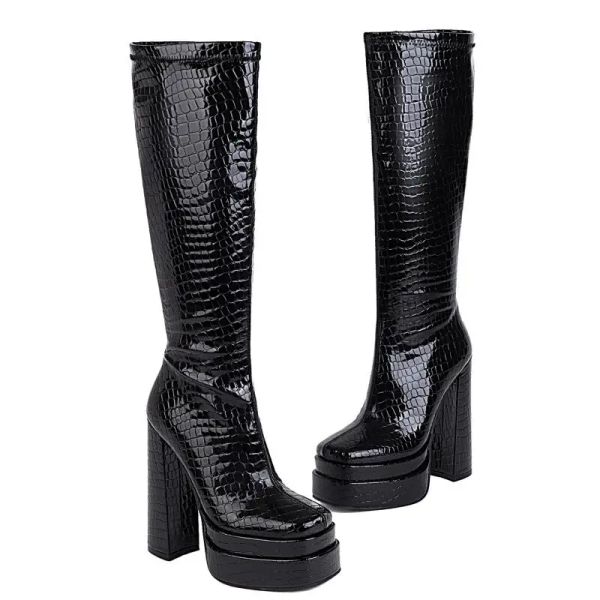 Botas outono/inverno novo Sexy Super High Heel Plataforma Feminina Long Boots Artificial Zipper Crocodilo Pattern Shoes de dedo do dedo do pé