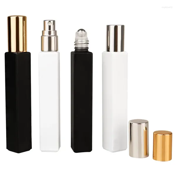 Garrafas de armazenamento Gold prateado spray atomizador perfume frasco 25pcs 10ml vazio preto branco quadrado vidro de vidro de aço rollo de reabastecimento